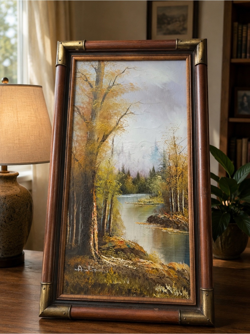 Vtg Original Oil Painting Landscape Wooded River Stream Signed Framed